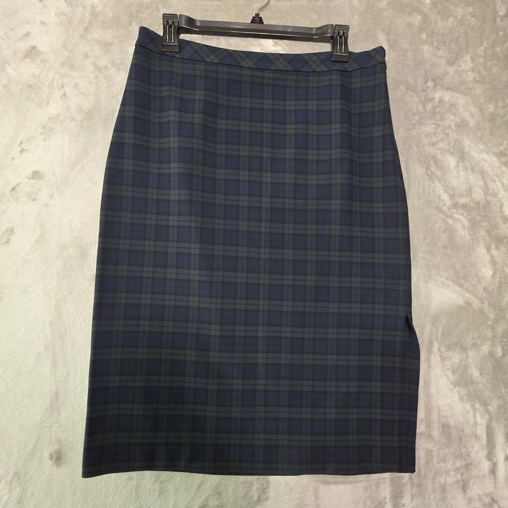 Banana Republic Black Watch Plaid Pencil Skirt Navy Green Side Slit Size 8